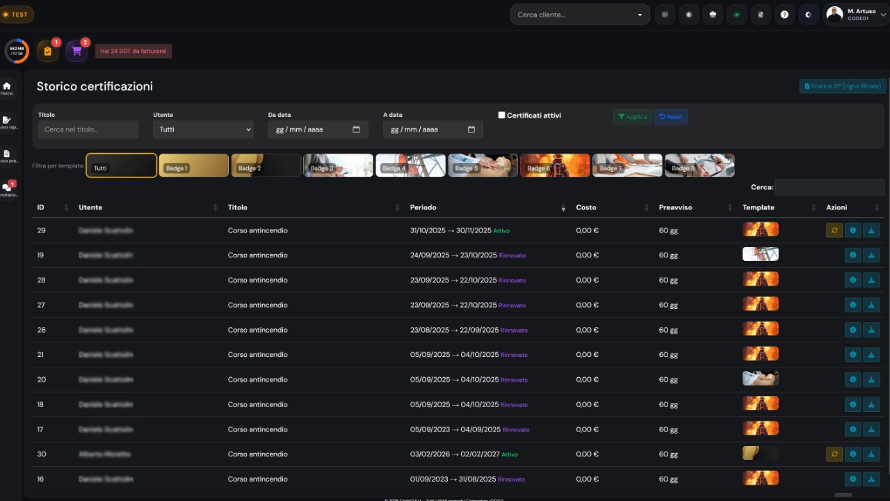 Certificazioni — Screenshot principale