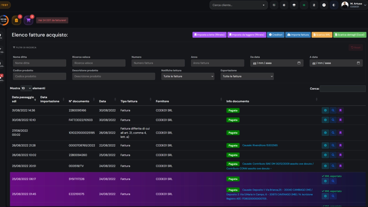Fatture Acquisto — Screenshot principale