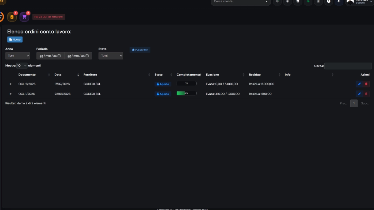 Ordini conto lavoro — Screenshot principale