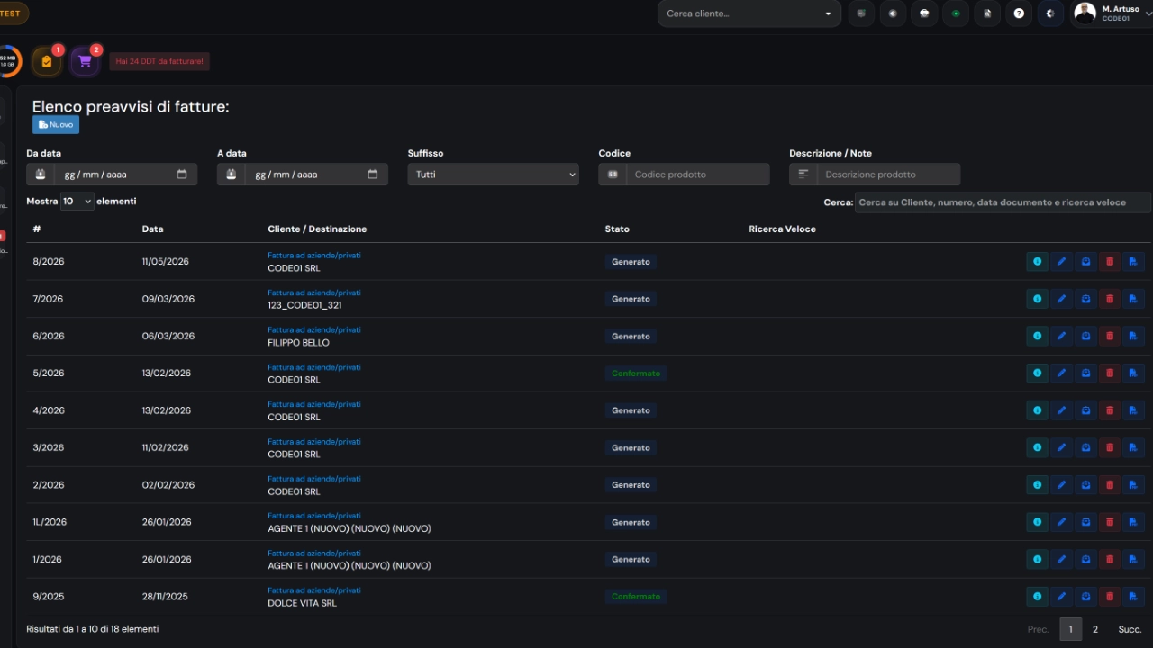 Preavviso Fatture — Screenshot principale